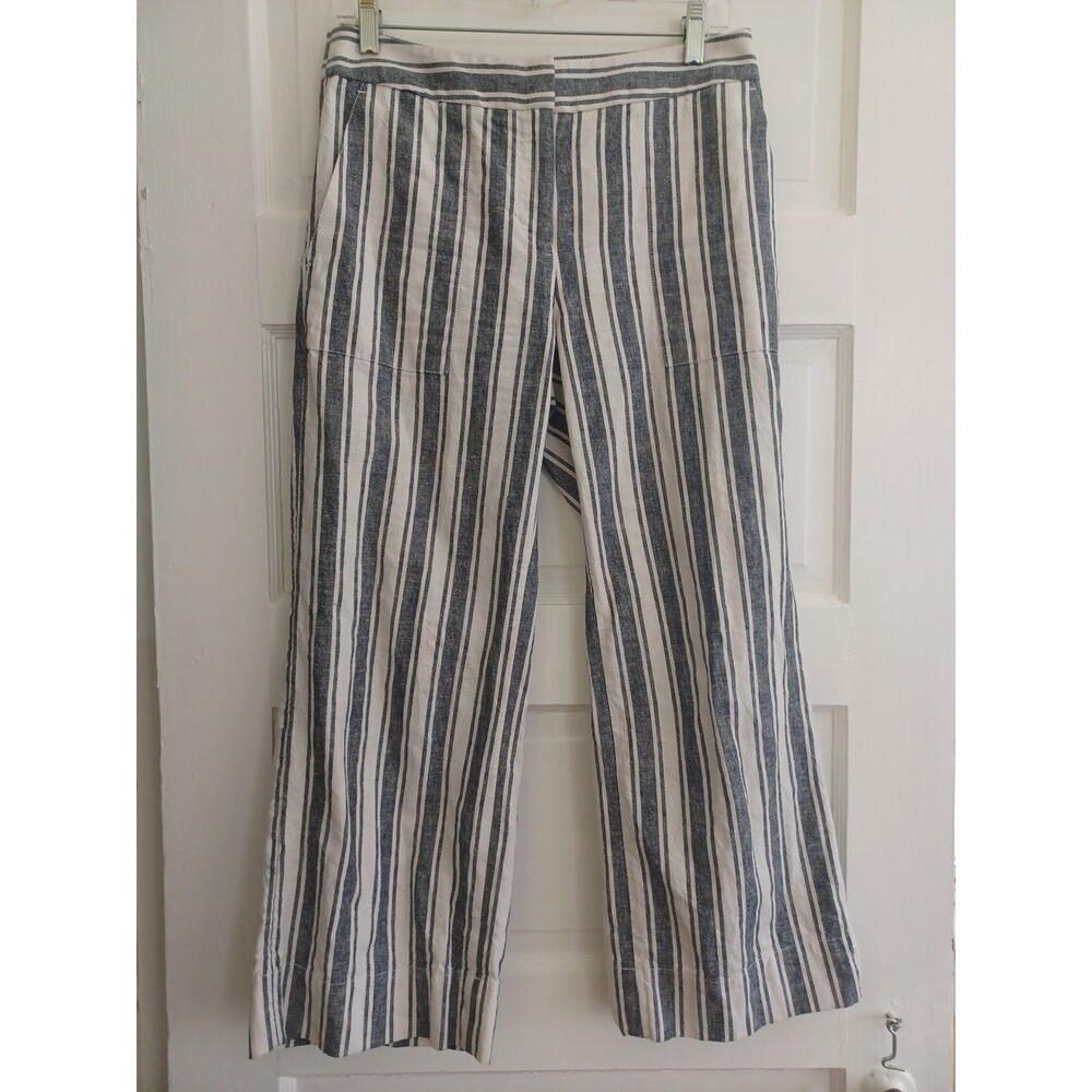 Ann Taylor navy white stripe linenblend wide leg pants 0 ankle beach resort city